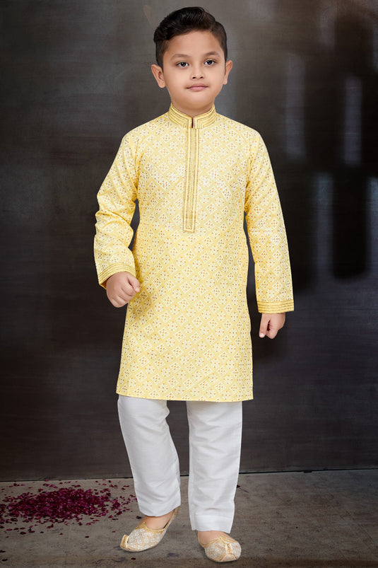 Occasion Wear Cotton Fabric Yellow Color Trendy Readymade Kurta Pyjama For Boys