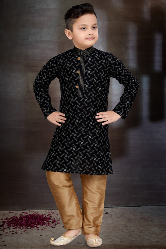 Black Color Cotton Fabric Sangeet Function Wear Boys Designer Readymade Kurta Pyjama