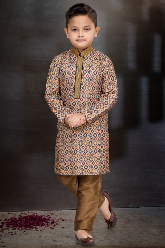 Sangeet Function Wear Chikoo Color Cotton Fabric Stylish Readymade Kurta Pyjama For Boys