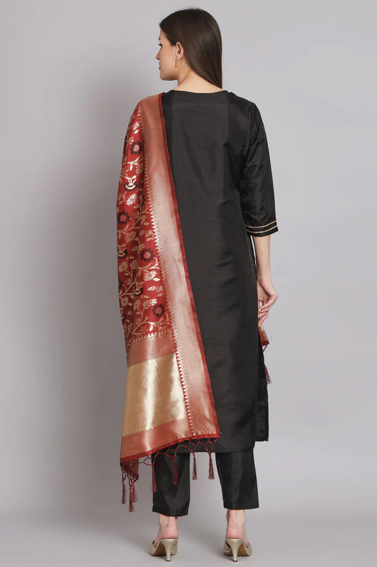 Art Silk Fabric Black Color Embroidered Readymade Designer Salwar Kameez With Banarasi Silk Dupatta
