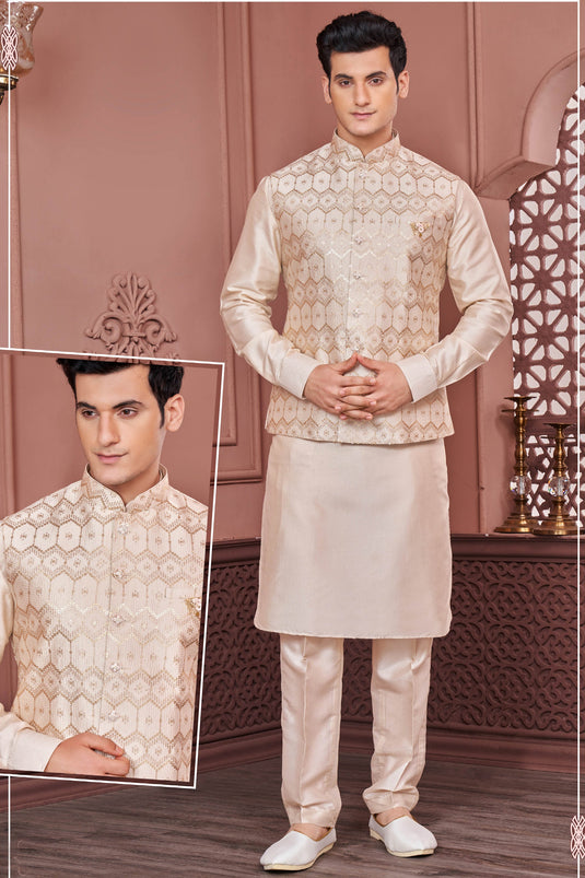 Fetching Beige Banarasi Silk Fabric Sangeet Wear Embroidery Work Readymade Kurta Pyjama For Men With Jacket