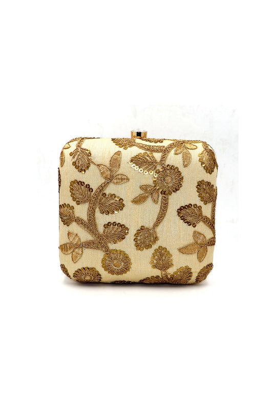 Beige Embroidered Party Clutch Bag