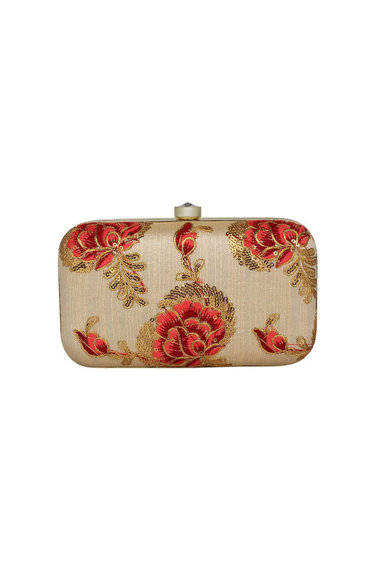 Beige Art Silk Floral Embroidered Clutch