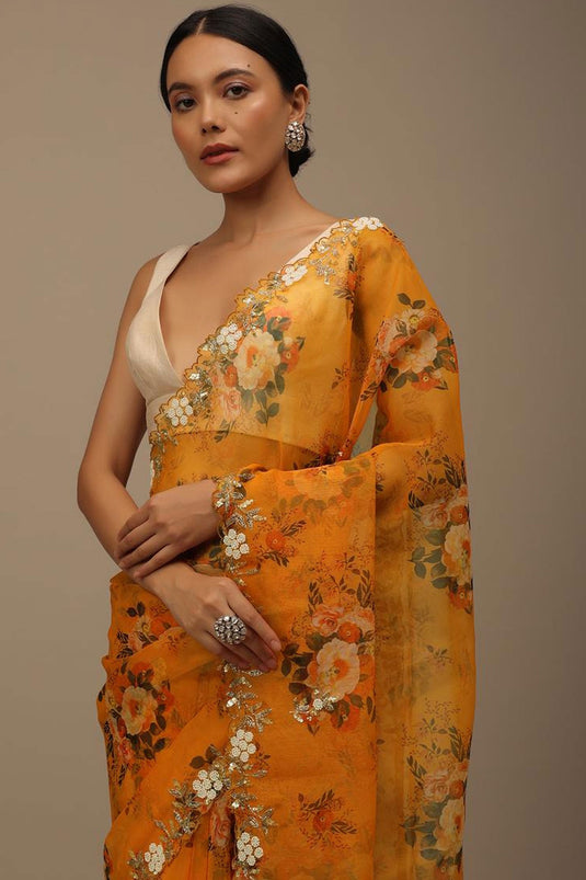 Organza Fabric Mustard Color Floral Printed Saree