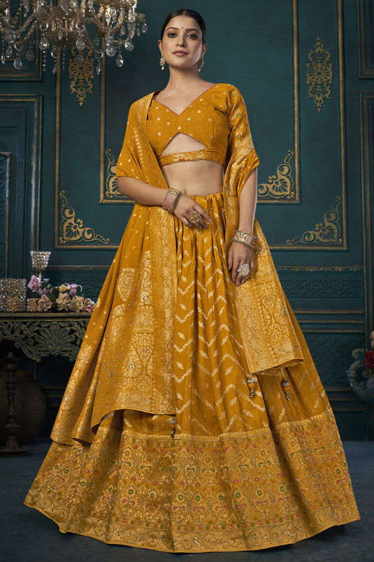 Art Silk Fabric Wedding Wear 3 Piece Lehenga Choli In Mustard Color