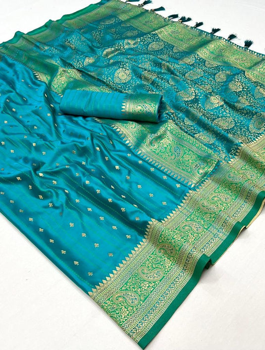 Cyan Color Satin Silk Handloom Weaving Party Wear Beautiful Saree