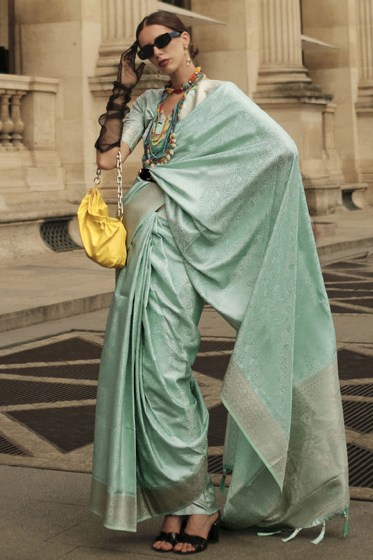 Function Wear Sea Green Satin Silk Handloom Weaving Saree