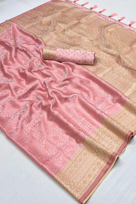 Pink Color Satin Silk Handloom Weaving Function Wear Beautiful Saree