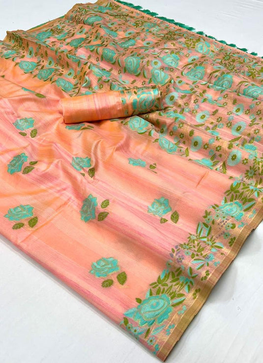 Attractive Peach Color Jacquard Work Art Silk Fabric Saree