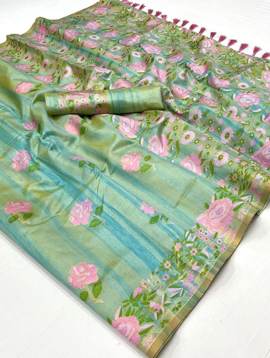 Sea Green Color Jacquard Work Art Silk Fabric Saree