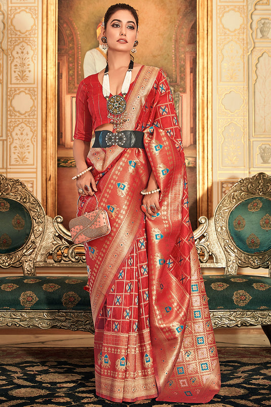 Organza Fabric Weaving Work Red Color Designer Saree