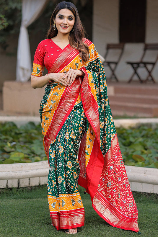 Green Dola Silk Festive Wear Printed Patola Saree