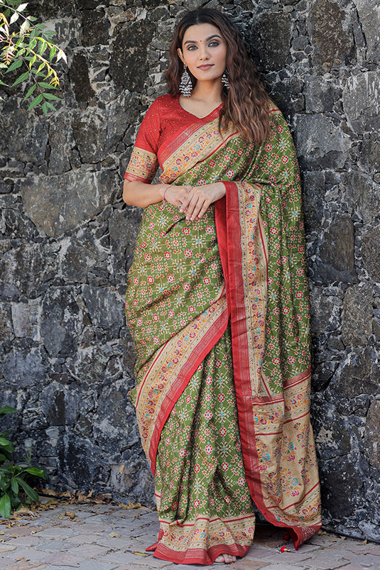 Green Color Printed Patola Dola Silk Fabric Saree