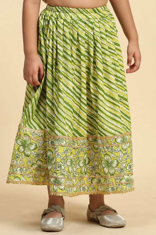 Cotton Fabric Printed Green Color Readymade Kids Sharara Top Lehenga