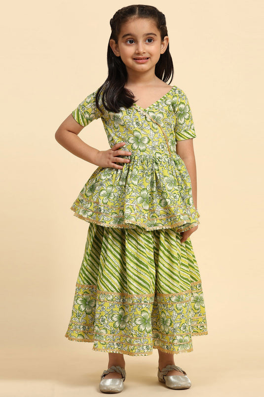 Cotton Fabric Printed Green Color Readymade Kids Sharara Top Lehenga