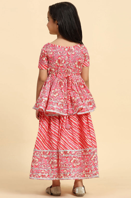 Printed Pink Color Cotton Fabric Readymade Kids Sharara Top Lehenga