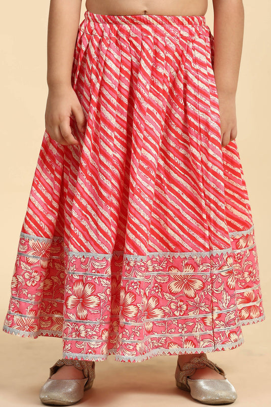 Printed Pink Color Cotton Fabric Readymade Kids Sharara Top Lehenga