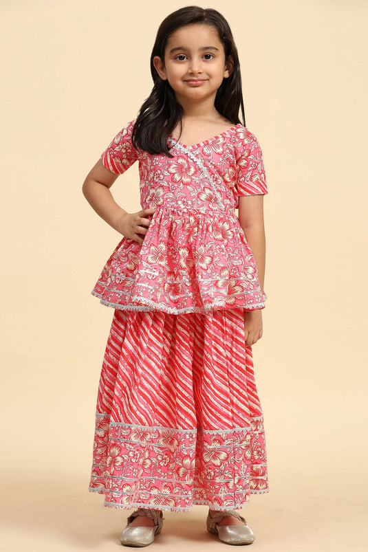 Printed Pink Color Cotton Fabric Readymade Kids Sharara Top Lehenga