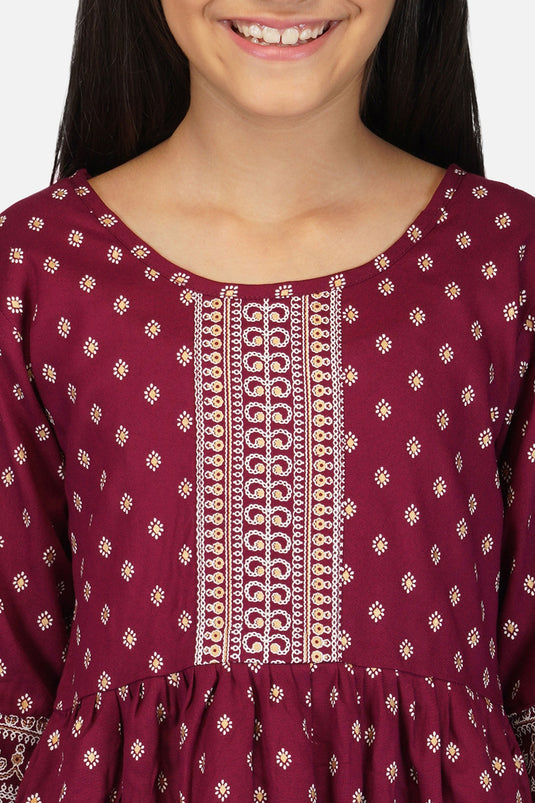 Rayon Fabric Printed Maroon Color Readymade Kids Kurti With Dhoti Style Bottom