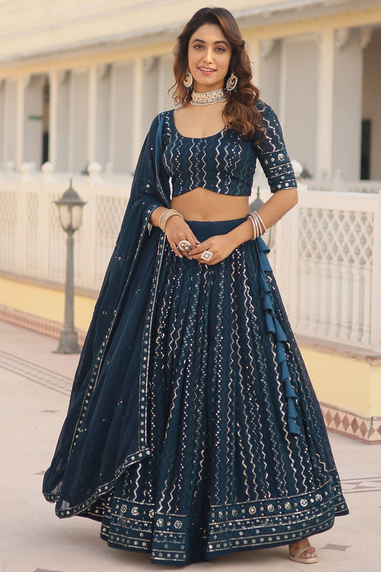 Blue Color Sangeet Wear Lehenga Choli In Fancy Fabric