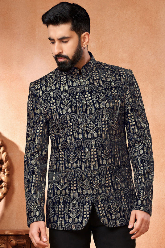 Navy Blue Color Velvet Fabric Wedding Wear Readymade Jodhpuri Jacket For Men