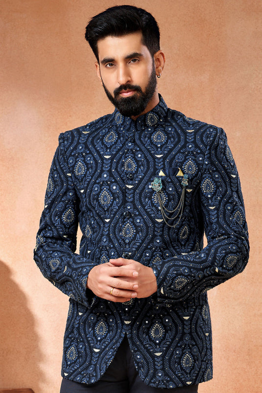 Blue Gorgeous Georgette Fabric Wedding Wear Readymade Jodhpuri Jacket For Men