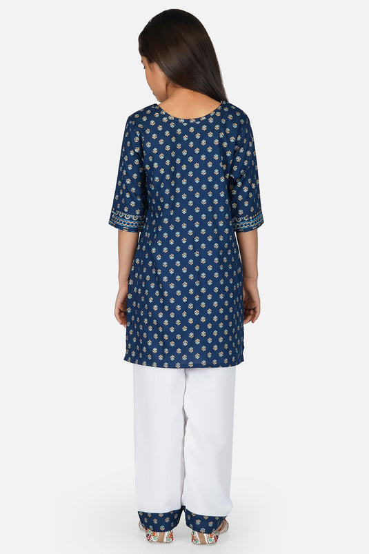 Blue Color Cotton Fabric Printed Readymade Kids Salwar Kameez