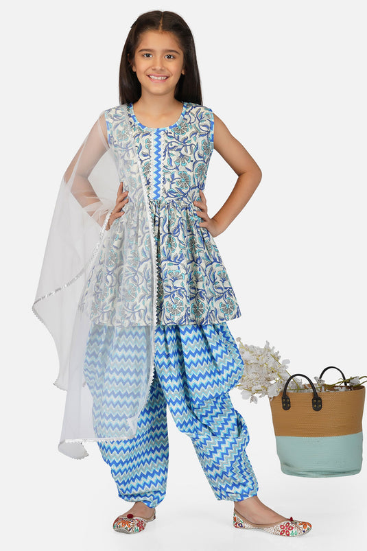 Blue Cotton Fabric Fancy Printed Readymade Kids Kurti With Dhoti Style Bottom