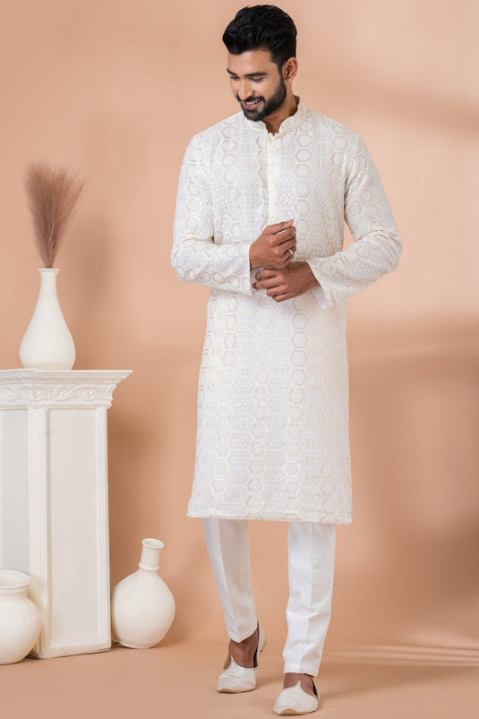 Function Wear Readymade Glamorous Sequins Embroidery Kurta Pyjama For Men In Georgette Fabric