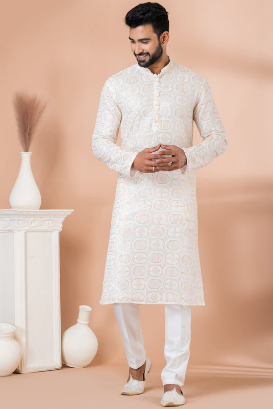 Georgette Sequins Embroidery White Magnificent Readymade Men Kurta Pyjama For Sangeet Wear