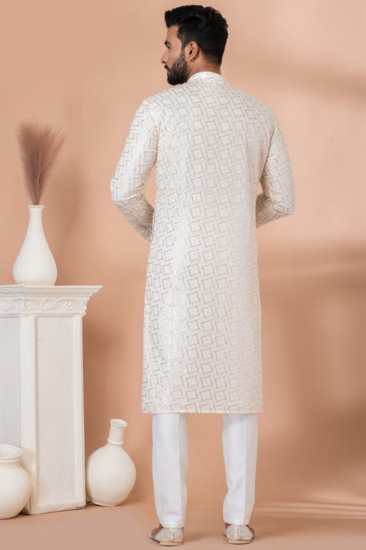 Georgette Fabric White Color Sequins Embroidery Festive Wear Trendy Readymade Men Kurta Pyjama