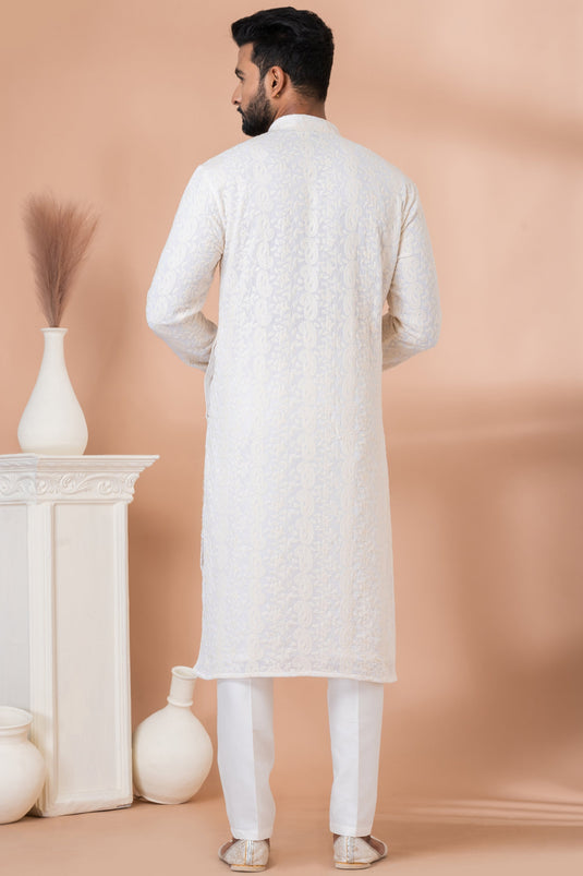 White Color Sangeet Wear Georgette Fabric Sequins Embroidery Designer Readymade Kurta Pyjama For Men