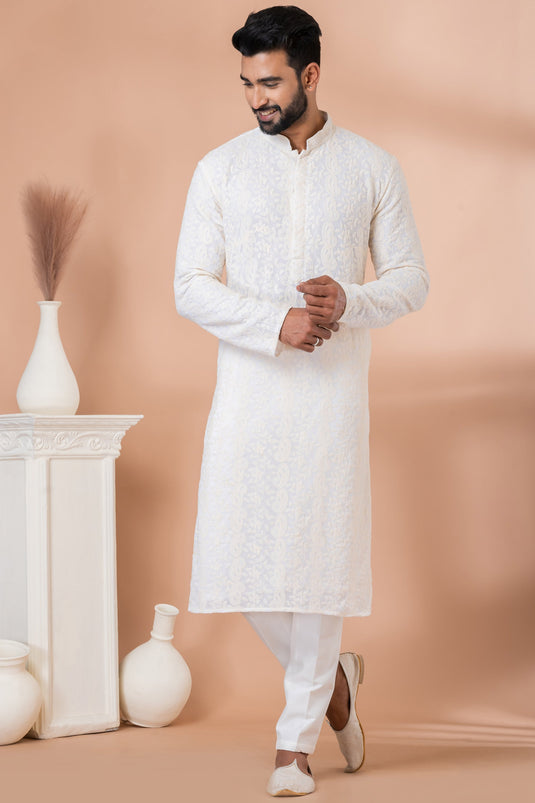 White Color Sangeet Wear Georgette Fabric Sequins Embroidery Designer Readymade Kurta Pyjama For Men