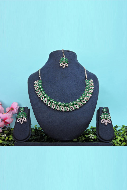 Entrancing Alloy Material Necklace Set Earrings And Mang Tikka For Women In Green Color