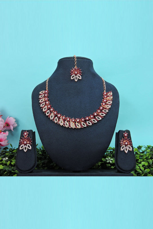 Incredible Alloy Material Maroon Color Necklace Set Earrings And Mang Tikka For Women