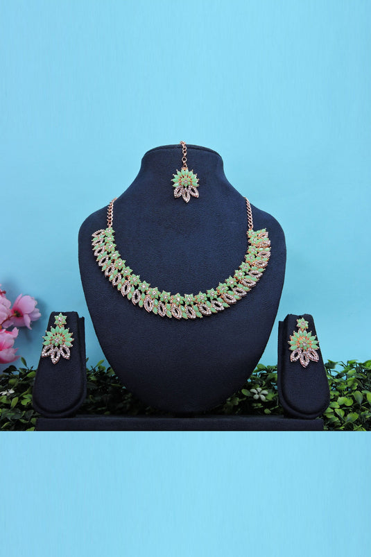 Tempting Alloy Material Sea Green Color Necklace Set Earrings And Mang Tikka For Women