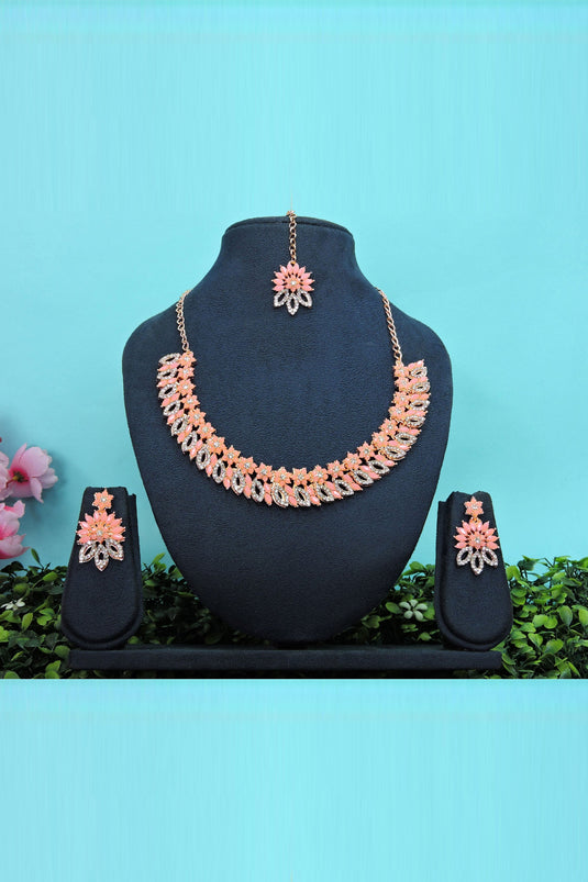 Winsome Alloy Material Pink Color Necklace Set Earrings And Mang Tikka For Women