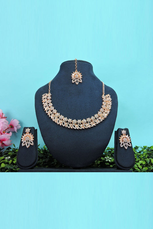 Solid Alloy Material Necklace Set Earrings And Mang Tikka For Women In Golden Color