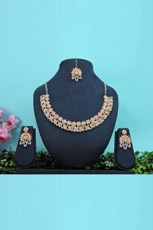 Peach Color Alloy Material Beauteous Necklace Set Earrings And Mang Tikka For Women