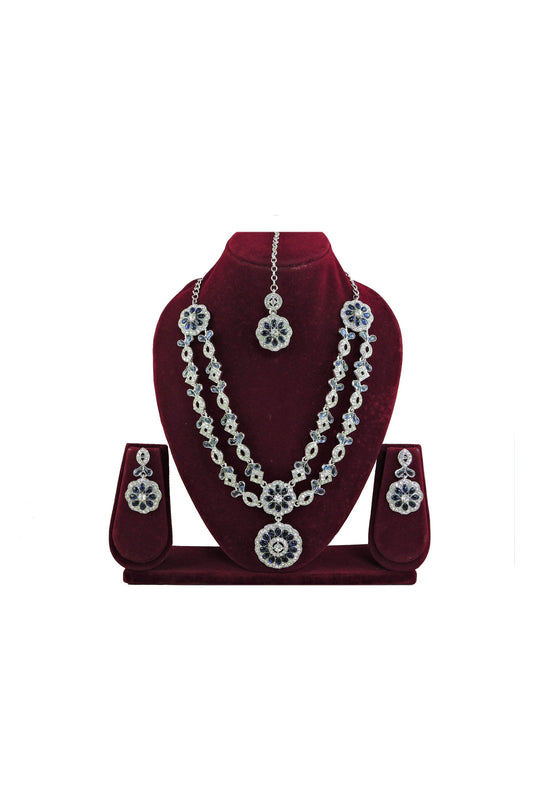 Awesome Alloy Material Navy Blue Color Necklace Set Earrings And Mang Tikka For Women