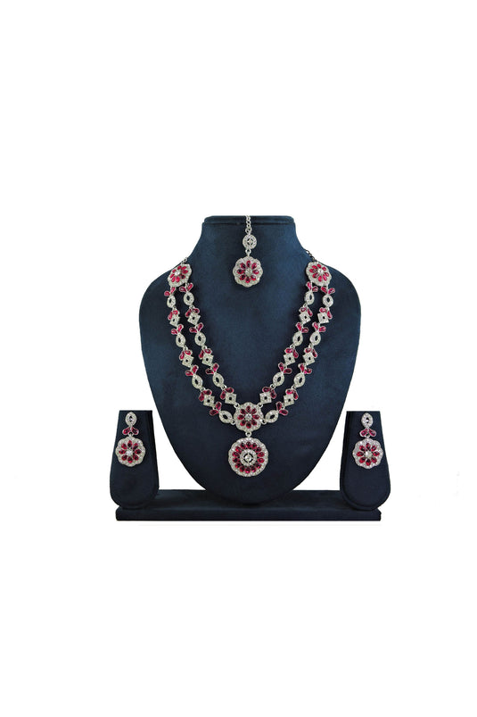 Lovely Alloy Material Pink Color Necklace Set Earrings And Mang Tikka For Women