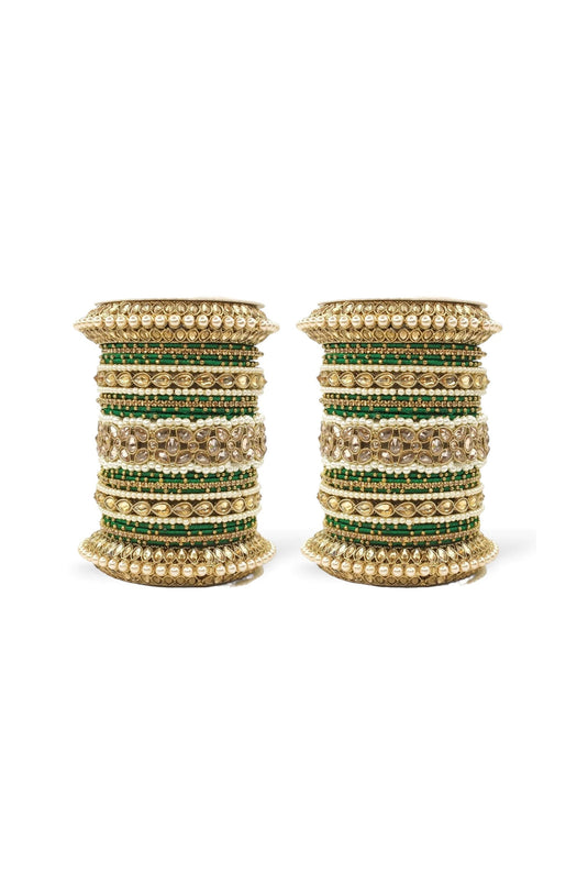 Green Color Alloy Moti And Stone Work Bangle Set With Pacheli Kada