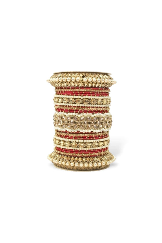 Red Color Moti And Stone Work Alloy Bangle Set With Pacheli Kada