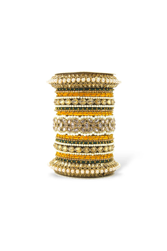 Moti And Stone Work Alloy Bangle Set With Pacheli Kada In Yellow Color