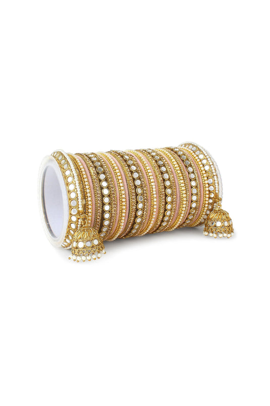 Pink Color Alloy Mirror Work Vintage Bangle Set With Jhumki