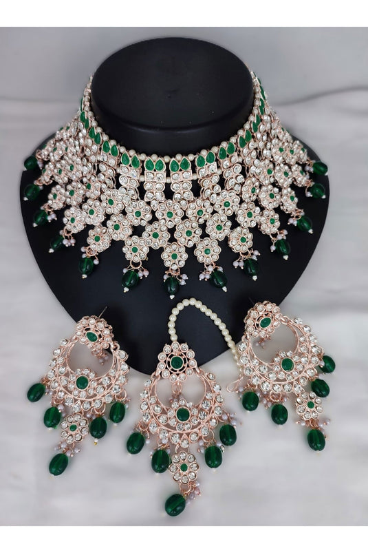 Alloy Material Green Stone Pleasance Necklace Set With Earrings And Mang Tikka For Girls And Women