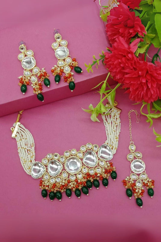 Alloy Material Green Color Beatific Look Necklace Set Earrings And Mang Tikka For Women