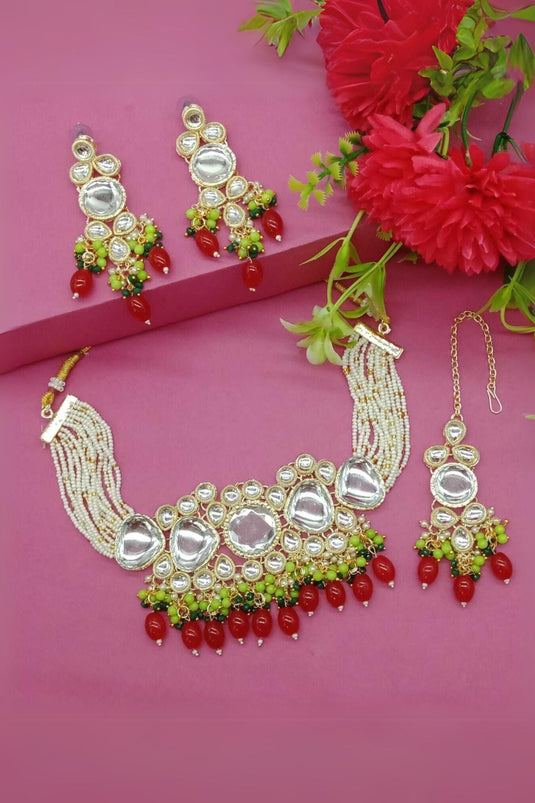 Febulous Alloy Material Red Color Necklace Set Earrings And Mang Tikka For Women