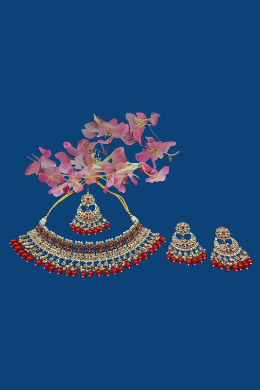 Phenomenal Alloy Material Red Color Necklace Set Earrings And Mang Tikka For Women