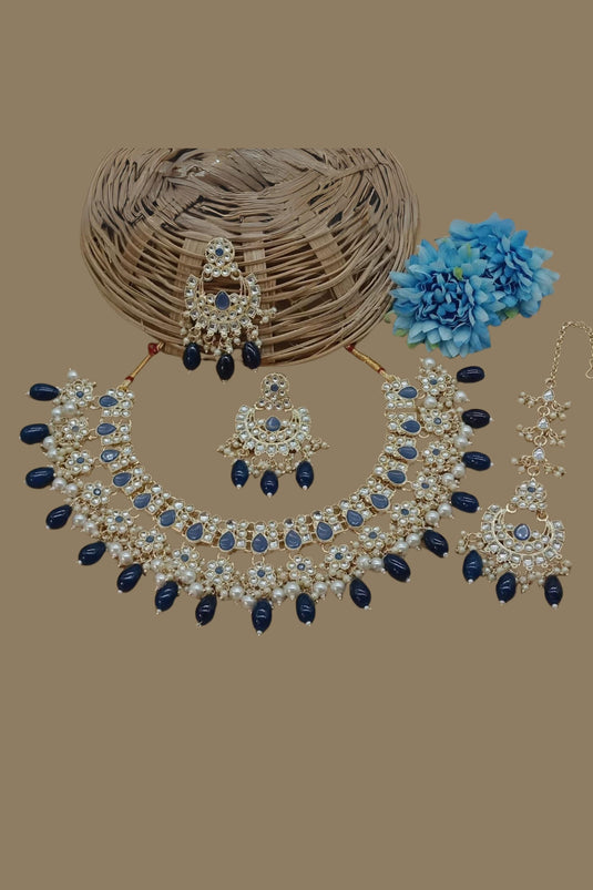 Alloy Material Luxurious Necklace Set Earrings And Mang Tikka For Women In Navy Blue Color